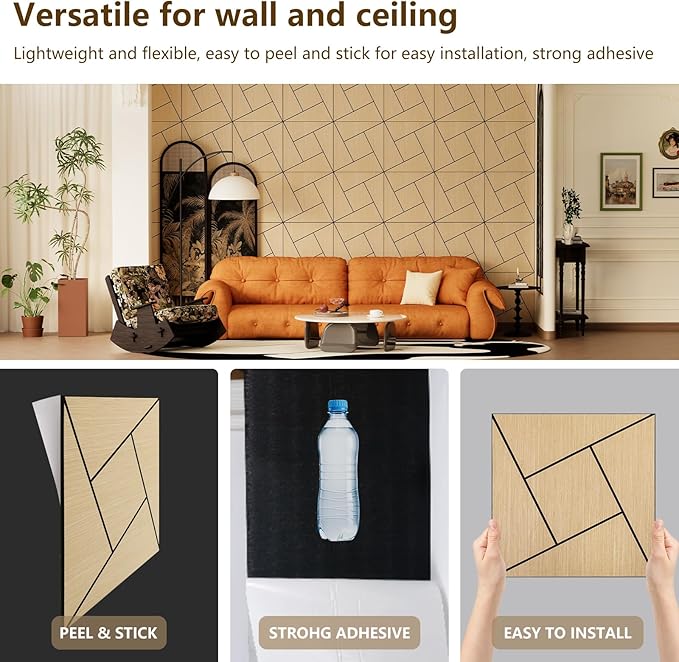 ARMURO 4 Packs Acoustic Wall Panels - Self-Adhesive 3D Wood Slat Wall Panel- Peel and Stick Sound Absorbing Panels for Noise Reducing - Feature Wall Decor for Home & Office