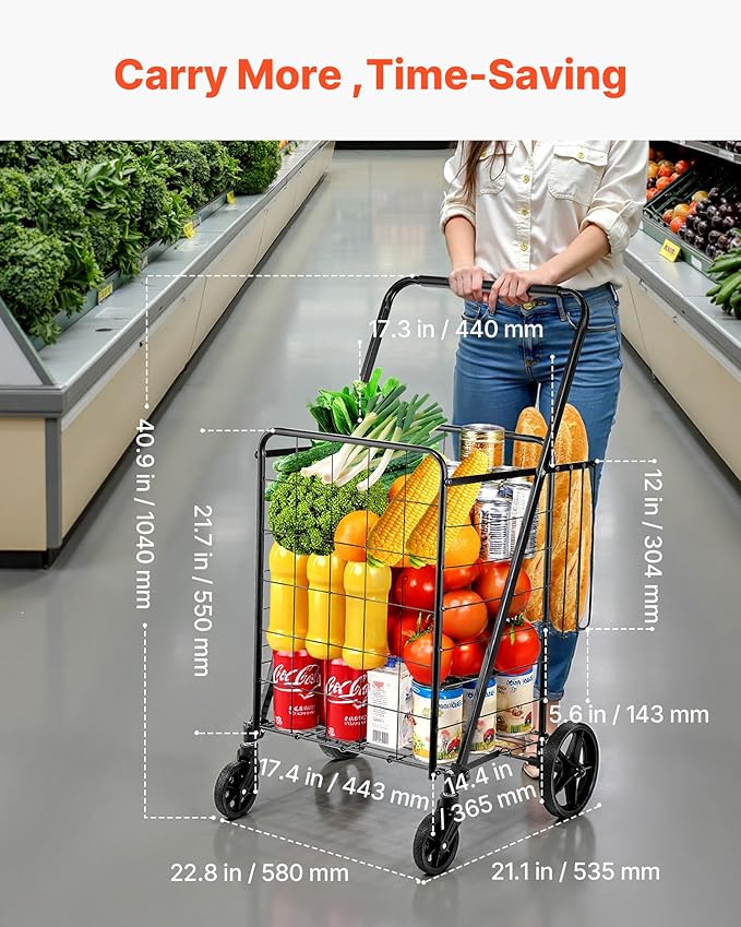 VEVOR Folding Shopping Cart, Jumbo Grocery Cart with Double Baskets, 360° Swivel Wheels, Heavy Duty Utility Cart, 110 LBS Large Capacity Utility Cart for Laundry, Shopping, Grocery, Luggage, Black