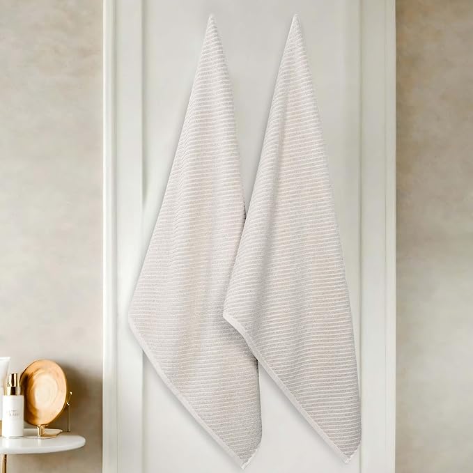 Superior Amelia Viscose Cotton Blend Medium Weight Bath Sheets, for Bathroom, Shower, Spa, Plush, Quick Dry, Ultra-Soft Towels, Essentials, Ribbed Design, Oversized Towels, Set of 2, Beige