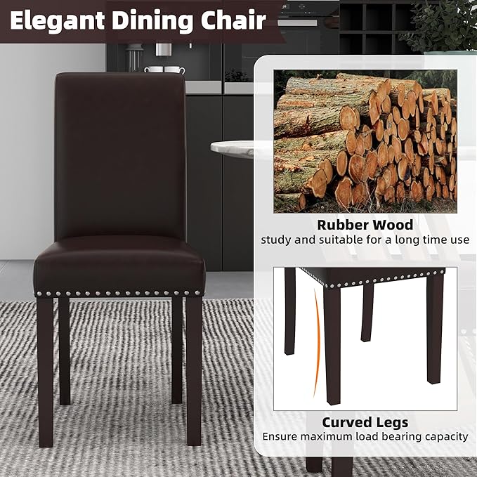 Westice Dining Room Chairs Set of 8 Upholstered PU Leather Kitchen Chairs Dining Room Side Chair with Nailhead Trim and Rubber Wood Legs for Small Space Apartment, Brown