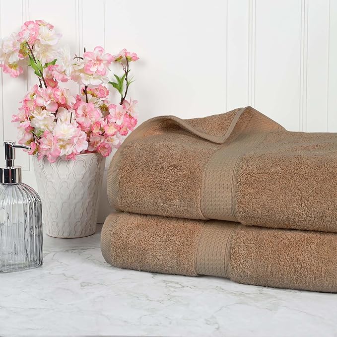 Superior Egyptian Cotton Pile Bath Sheet Set of 2, Ultra Soft Luxury Towels, Thick Plush Essentials, Absorbent Heavyweight, Guest Bath, Hotel, Spa, Home Bathroom, Shower Basics, Latte