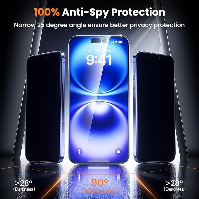 3-Pack for iPhone 16 Plus/15 Plus Screen Protector Privacy 9H+ Tempered Glass Scratch &amp Drop Resistant Smooth &amp Clear Easy Installation Full Coverage