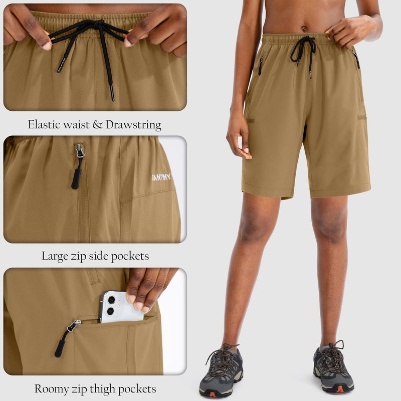 SANTINY Women's 5''/ 7''/9'' Hiking Cargo Shorts Quick Dry Lightweight Summer Shorts for Women Athletic Zipper Pockets(Dark Khaki_L)