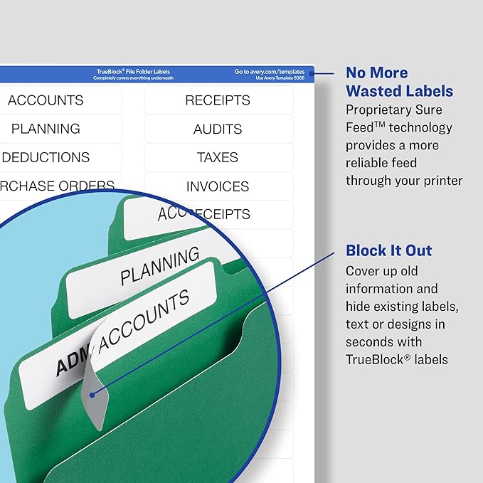 Avery File Folder Labels with TrueBlock Technology, Permanent Adhesive, 2/3" x 3-7/16", Laser/Inkjet, 750 Labels (08366)