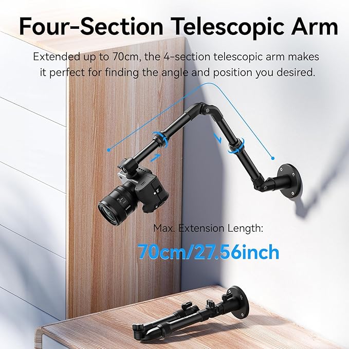ULANZI ZJ04 Magic Arm Camera Wall Mount Overhead Mount, 70cm/27.6inch Aluminum Adjustable Articulating Arm w 1/4" Ball Head for Cameras DSLR Lights Mount for Live Streaming/Photo Video Shooting