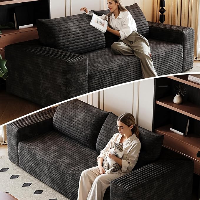 Cloud Loveseat Sofa, Modern Corduroy 2-Seater Couch with Deep Seat, No Assembly Required Memory Foam Sofa, Boneless Sofa in a Box for Bedroom, Apartment, Office,Small Space (Black,63in)