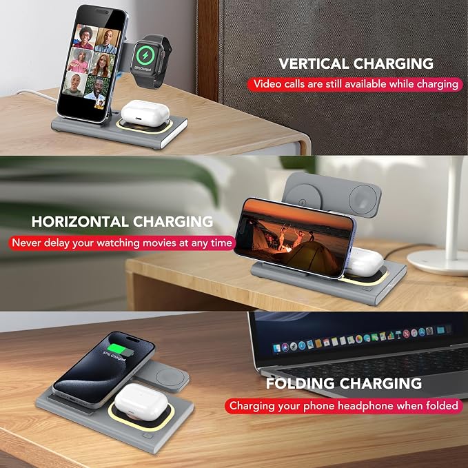 3 in 1 Foldable Wireless Fast Charging Station for Apple Multiple Devices | iPhone Charging Station for iPhone 17 Travel iWatch Charger Stand Light Nightstand Charging Dock for Apple Watch/Airpods