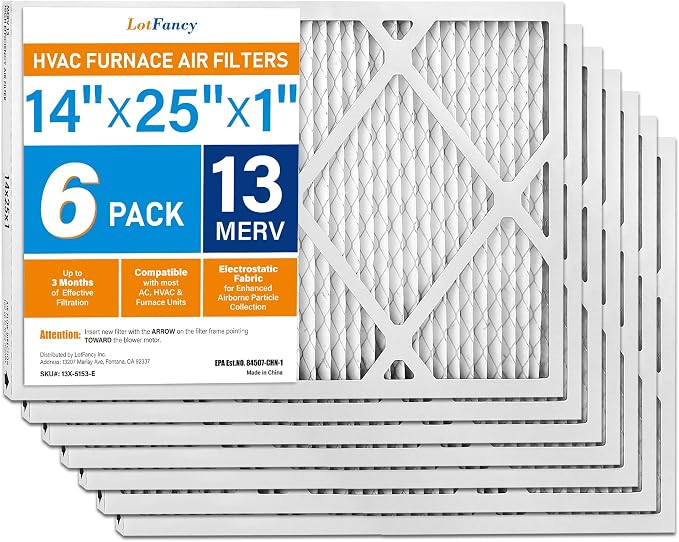 LotFancy 14x25x1 Air Filter MERV 13 6-Pack, Electrostatic Pleated HVAC Furnace