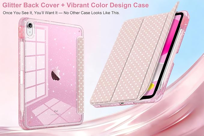 MEEgoodo Case for iPad A16 11th Generation 2025/10th Generation 2022 Glitter Tablet Cases with Transparent Acrylic Back+Trifold Stand +Pencil Holder+Auto Wake/SleepAbstract Sun &amp Palm Tree