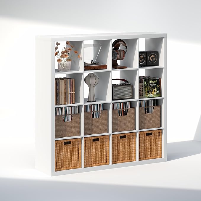 Furinno Cubicle Record Player Stand with Vinyl Storage, 16-Cube Vinyl Record Storage, 1.65" Triple Thick Open Back Media Shelf for CD DVD Blueray Game Disc, for Living Room, Home Office, White