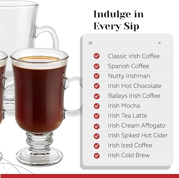PARNOO Irish Coffee Mugs - 8 oz with Handle & Footed Stem Base - Clear Glasses for Tea, Coffee & Hot Chocolate, Heavy Duty Set of 4