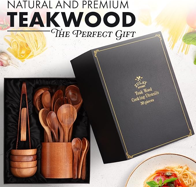 Zulay Kitchen 30-Piece Teak Wooden Utensils - Natural Teak Cooking Utensils with Premium Gift Box - Non-Stick Wooden Spoons - Kitchen Gift Set - Comfortable Grip