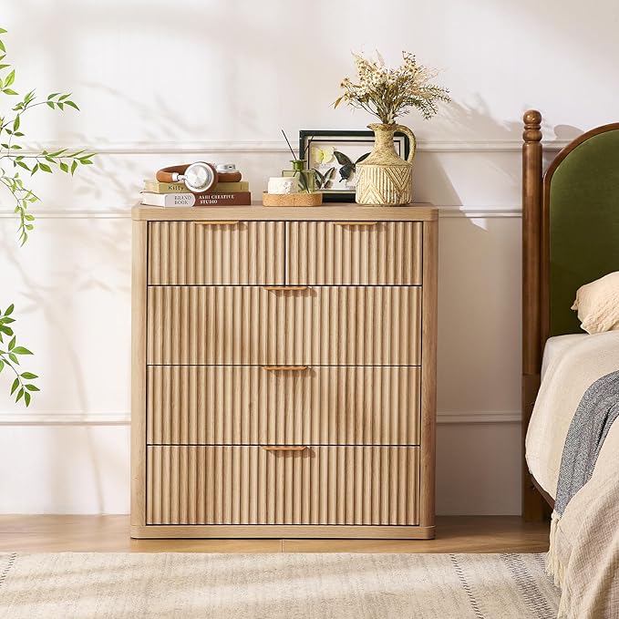 LEYAOYAO Fluted 5 Drawers Dresser for Bedroom Set of 2, 34" Tall Modern Chest of Drawers with Metal Handle, Curved Profile Design,Natural Wood Drawer Organizer for Bedroom, Living Room, Hallway