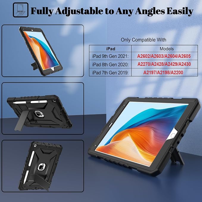 TIMISM Case for iPad 9th/8th/7th Generation(2021/2020/2019) Heavy Duty Military Grade Shockproof Rugged Protective 10.2 Cover with Built-in Stand for iPad 9 8 7 Gen Black+Green