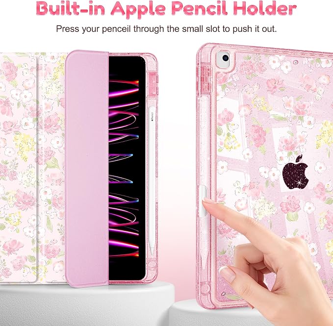 Mektron Sparkly Case for iPad 10.2 inch Glitter Tablet Cases for iPad 9th Gen 2021/8th Gen 2020/7th Gen 2019 Cover with Shiny Clear Back Shell Foldable Bling Smart Cover Blue Floral