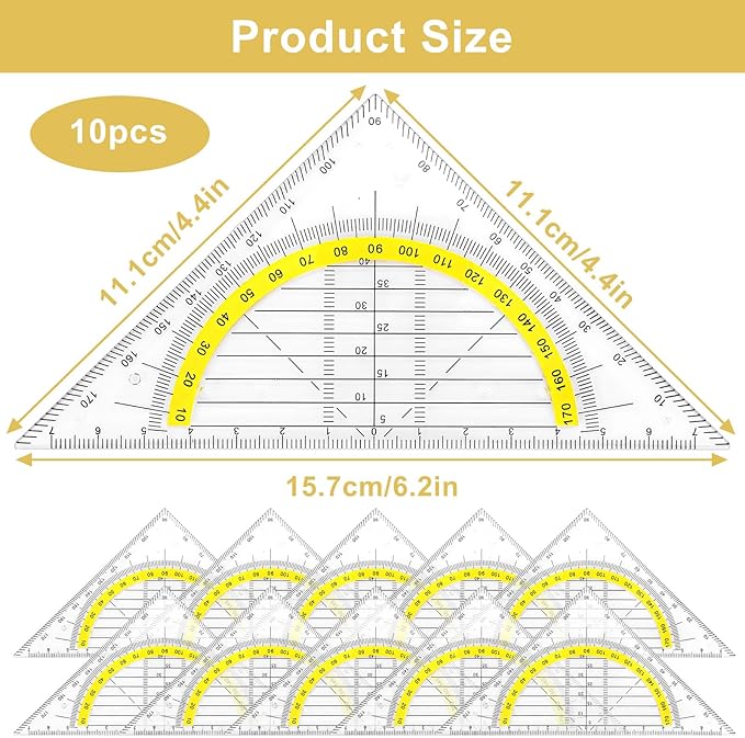 10 Pcs Multifunctional Triangle Ruler Set, Transparent Plastic Geometry Rulers with Protractor, Set Squares, and Drafting Tools for Architects, Designers, Engineers, Students, and Art Drawing