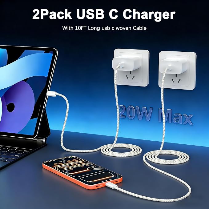 iPhone 17 Charger Fast Charging [Apple MFi Certified] 2Pack Long 10FT USB C to C Woven Cable Cord Quick iPhone Charger Block for Apple i-Phone 17 Pro Max/17e/Air/16 Pro/15/iPad