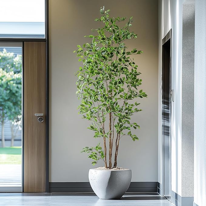Artificial Ficus Tree Indoor 8ft, Large Potted Faux Tree with Realistic Silk Leaves & Trunk for Home Office, Living Room Corner Decor