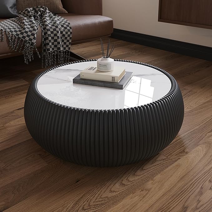 Black Round Coffee Table with Sintered Stone Tabletop, 27.55" Drum Coffee Table with Fluted PU Leather Covered and Stable Base, Circle Cocktail Tea Table for Living Room