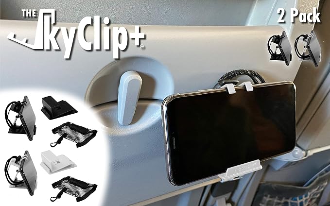 The SkyClip+ Phone &amp Tablet Holder for Air Travel Home and Office Use - Inflight Phone Mount &amp Stand Compatible with iPhone Android Kindle and Tablets - Ultimate Travel Accessory (Black)
