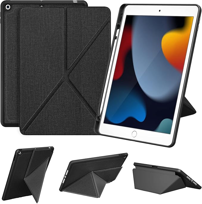 DTTO Foldable Case for for iPad 9th/8th/7th Generation 10.2-inch Black | Origami Magnetic Standing Cover with Pencil Holder，Vertical &amp Horizontal angles Auto Sleep/Wake