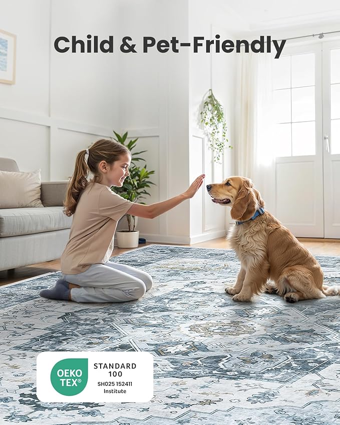 AMADA HOMEFURNISHING 8x10 Area Rug, Washable Low-Profile Large Area Rug with Non-Slip Backing & Durable Edge Binding, Vintage Large Rugs for Living Room, Bedroom