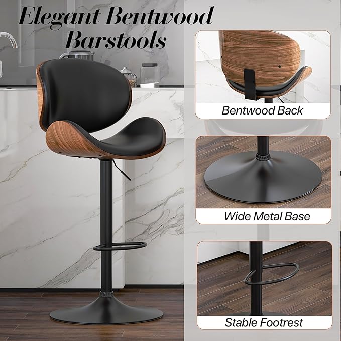 Adjustable Swivel Bar Stools Set of 4, Modern Bentwood Barstool with Large Metal Base and Footrest, PU Leather Upholstered Bar Chair with Curved Back for Kitchen Island Dining Room, Black
