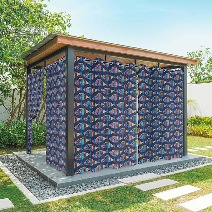 Fish Outdoor Curtains for Patio Vintage National Wind Fish Blue Waterproof