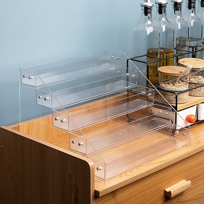 Tiered Spice Rack Acrylic, Spice Rack Shelf Seasoning Organizer for Countertop, Cabinet, Pantry, Kitchen Storage - 5 Tier