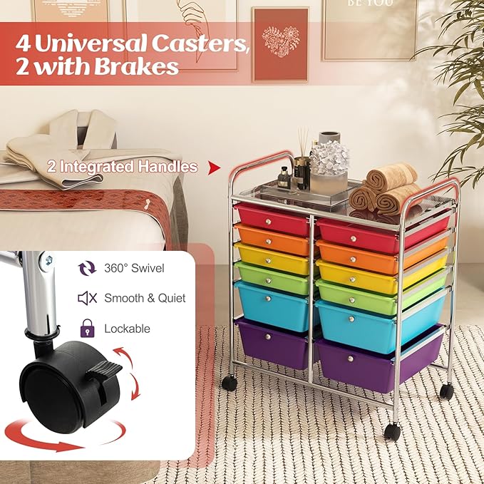 COSTWAY 12-Drawer Rolling Storage Cart, Moveable Art Craft Organizer W/Lockable Wheels, Metal Shelf, Files Arrangement Tools Makeup Storage Cart for Office, Home, School (Multi-Color)