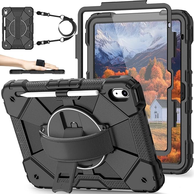 Nitupai Case for iPad 10th Generation 10.9 Inch 2022 / iPad A16 Case 11 Inch 2025 with Screen Protector 10th Gen Cover for Kids Pencil Holder 360° Rotating Stand Shoulder Strap Black Black