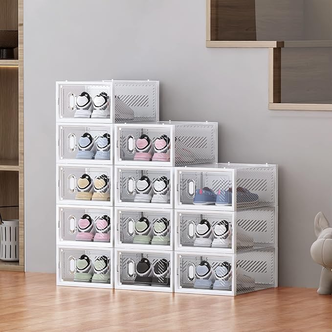 SIMPDIY Shoe Storage, 12 Pack Shoe Organizer for Closet, Shoe Boxes Clear Plastic Stackable Shoe Containers with Lids for Size 10