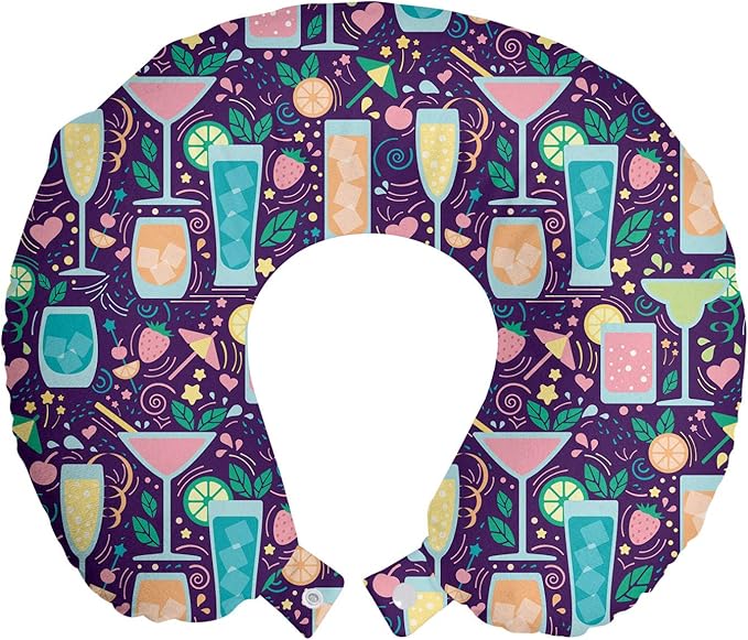 Ambesonne Celebration Travel Pillow Neck Rest, Cocktail Glasses Champagne Wine Party Margarita Fruits Hearts Alcoholic, Memory Foam Traveling Accessory for Airplane and Car, 12", Teal