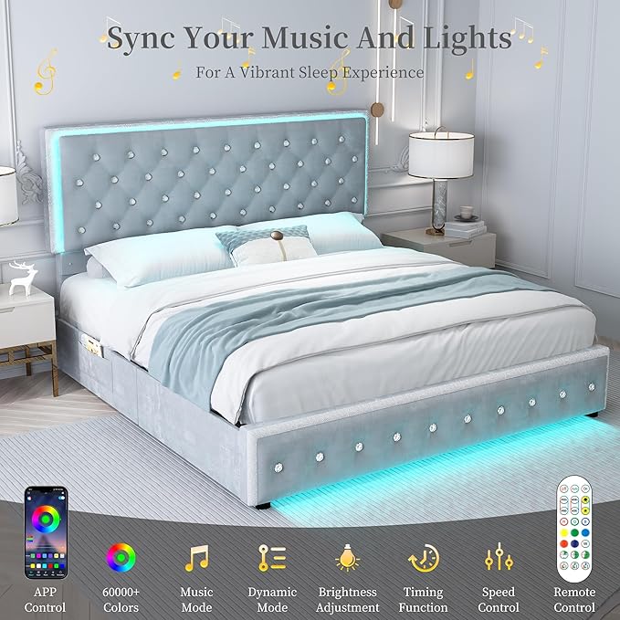 King Led Bed Frame with 2 Drawers, Upholstered Storage Platform Bed Frames with Crystal Button Tufted Headboard, Solid Slats Support, Noise Free, No Box Spring Needed, Velvet Grey