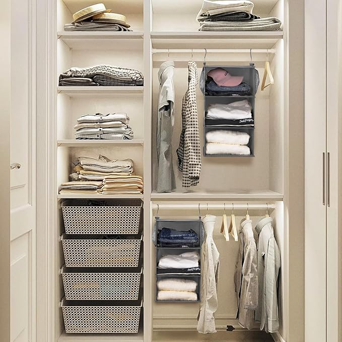 MAX Houser 3 Tier Shelf Hanging Closet Organizer, Closet Hanging Shelf with 2 Sturdy Hooks for Storage, 2 Pack, Foldable (Grey)