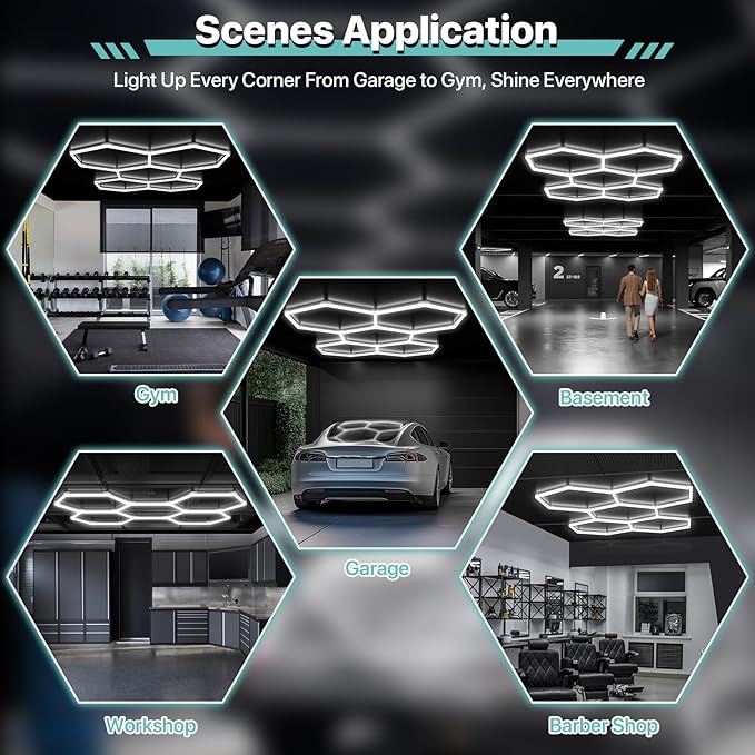 Hexagon Garage Lights, 14 Grids LED Garage Hexagon Lights with Rectangle Frame, 6500K Super Bright Honeycomb Lights for Garage, Warehouse, Car Detailing Shop, Exhibition Hall, Gym