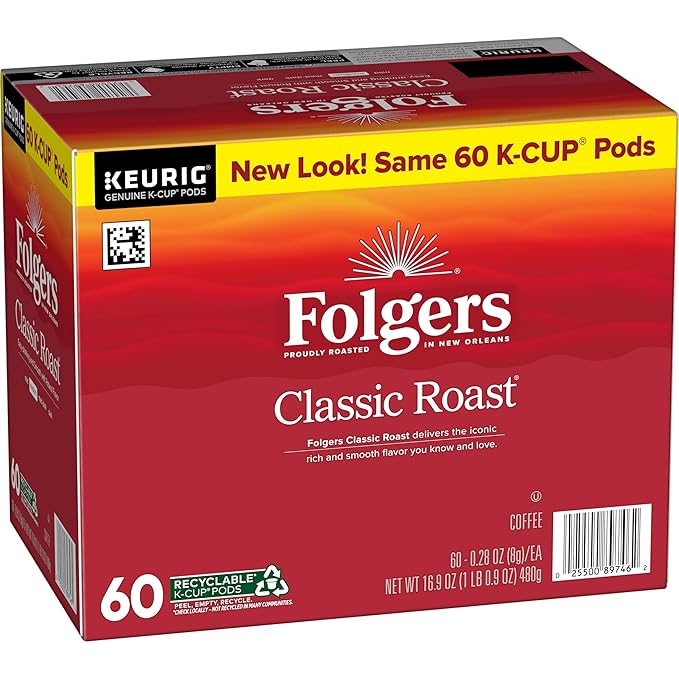 Folgers Classic Roast Coffee, Medium Roast, Keurig K-Cup Pods, 60 Count