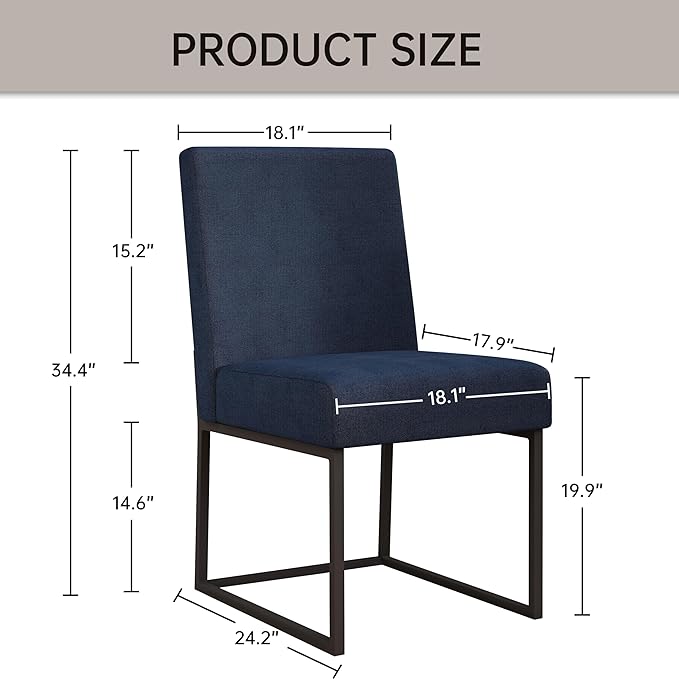 VKNOW Upholstered Dining Chairs Set of 4, Modern Dining Room Chairs, Linen Kitchen Chair Dinner Chair with Black Metal Base for Kitchen Office, Blue-Unstriped