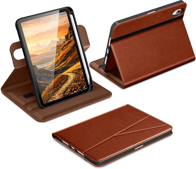 DTTO for iPad mini 7 A17 Pro 2024 aslo fit iPad mini 6 2021 Brown | 360 Degree Rotating Premium Faux Leather Folio Stand Cover with Pencil Holder Auto Sleep/Wake Multiple Angles Hand Strap