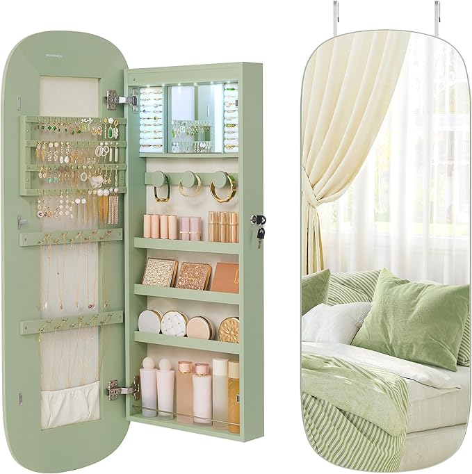 SONGMICS Jewelry Organizer, LED Jewelry Cabinet Wall/Door Mounted, Lockable Rounded Wide Mirror with Storage, Interior Mirror, 3.9 x 16.5 x 42.5 Inches, Laurel Green Surface with Cream White Lining