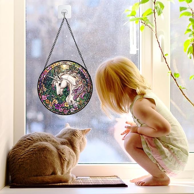 Stained Glass Window Hanging, Unicorn Flowers Suncatcher for Doors Home Sun Catchers Decoration and Christmas, Mother's Day Birthday Gifts for Women, Men, and Mom 6.3 in