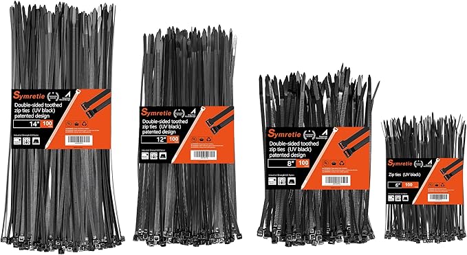 Symretie Assorted Zip Ties (400 Pack) - 6+8+12+14 Inch Double Sided Toothed, 100 LBS Tensile Strength. Heavy Duty Self-Locking Adjustable Nylon Cable Ties, More Durable for Indoor & Outdoor Use.