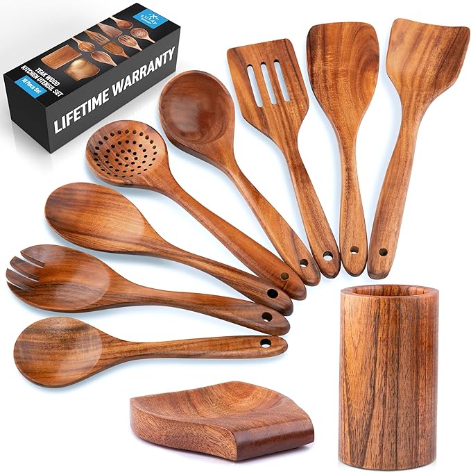 Zulay Kitchen 10-Piece Wooden Spoons for Cooking - Smooth Finish Teak Wooden Utensils for Cooking - Soft Comfort-Grip Wood Spoons for Cooking - Non-Stick Wooden Cooking Utensils - Wooden Spoon Sets