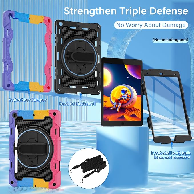for iPad 9th 8th 7th Gen Case 10.2 inch with Screen Protector | 360° Rotating Kickstand Hand Strap Shoulder Strap Heavy Duty Military Grade - Kids Friendly