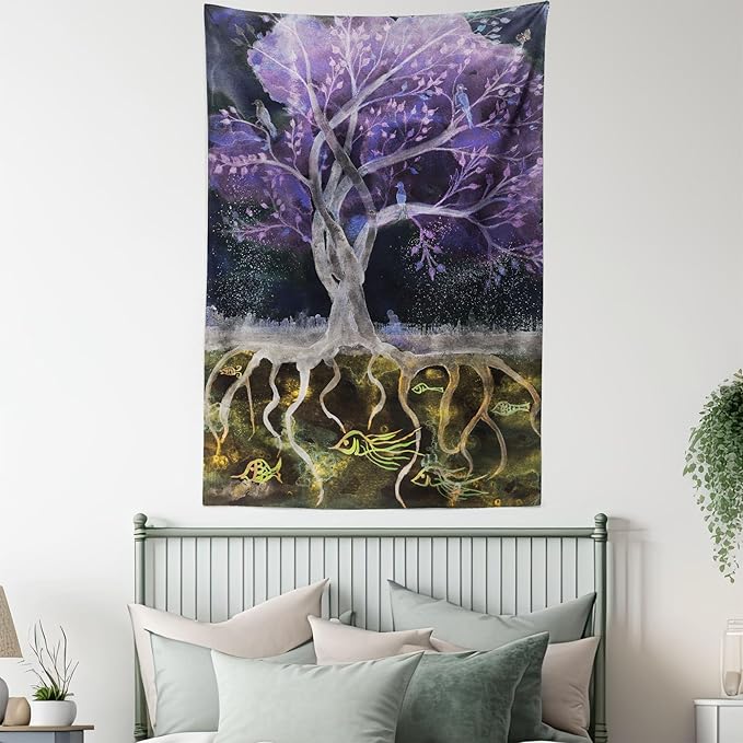 Ambesonne Tree of Life Tapestry Queen Size, Psychedelic Mysterious Nature at Night Birds and Fishes Home Art, Wall Hanging Bedspread Bed Cover Wall Decor, 88" X 88", Purple Black
