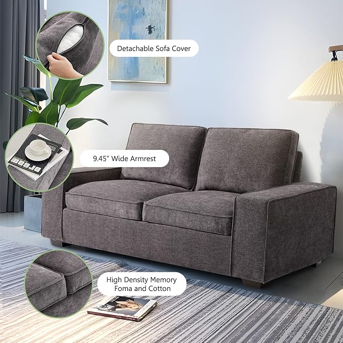 LEISLAND 71.25" Modern Sofas for Living Room, Small Sofas Couches for Small Spaces, Chenille Loveseat Couch with Solid Wood, Metal, Square Arm and Removable Cover/Easy to Install(Dark Grey)