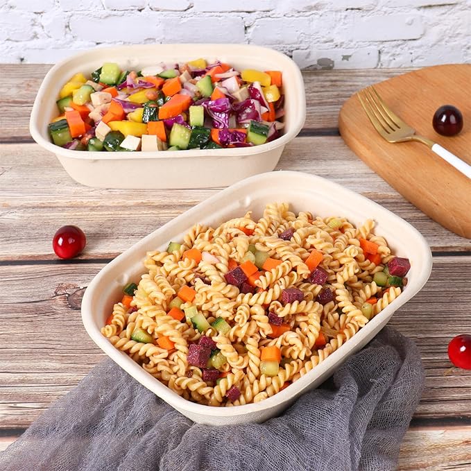 35oz Disposable salad bowls with lids, Sugarcane Fiber Paper Bowls take away food containers meal prep deli container 50 Pack
