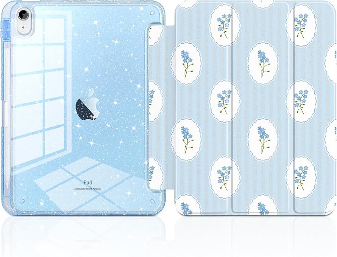 MEEgoodo Case for iPad A16 11th Generation 2025/10th Generation 2022 Glitter Tablet Cases with Transparent Acrylic Back+Trifold Stand +Pencil Holder+Auto Wake/SleepAbstract Sun &amp Palm Tree