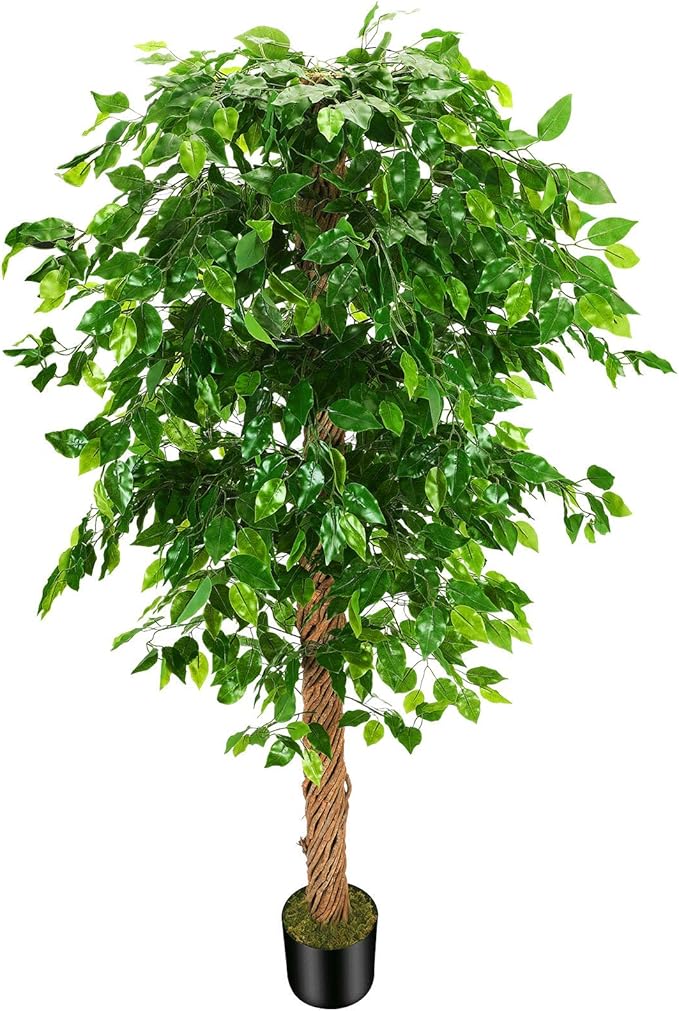 6ft Artificial Ficus Silk Tree (72in) with Plastic Nursery Pot Faux Tree, Fake Plant for Office House Farmhouse Living Room Home Decor (Indoor/Outdoor)
