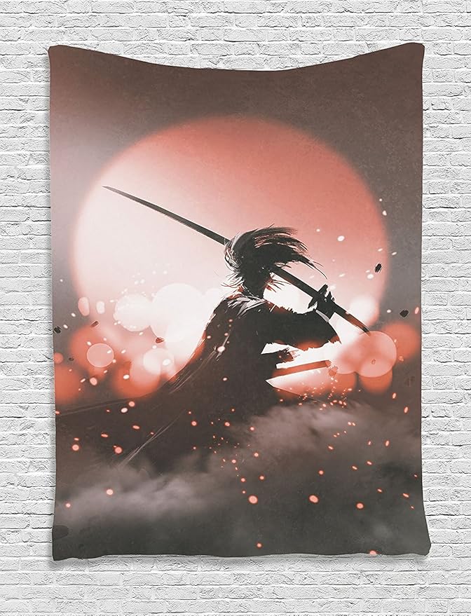Ambesonne Japanese Tapestry, Reflection of Samurai Practicing Sunset Background Free from Death Concept, Wall Hanging for Bedroom Living Room Dorm Decor, 60" X 80", Salmon Umber